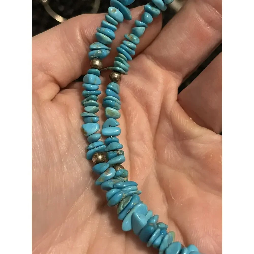 Native American Sterling Navajo Pearl & Blue Turquoise Chip Choker Wrap Necklace - Picture 9 of 9